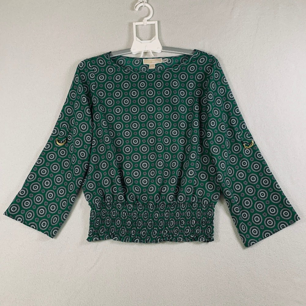 Michael Kors Womens M Green Geometric Print Smocked Waist Long Sleeve Blouse Top